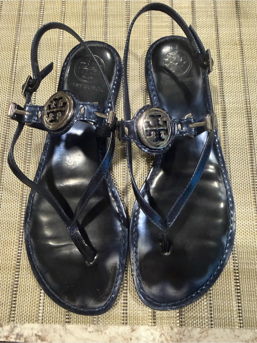 Tory Burch Navy Leather Logo Thong Sandals